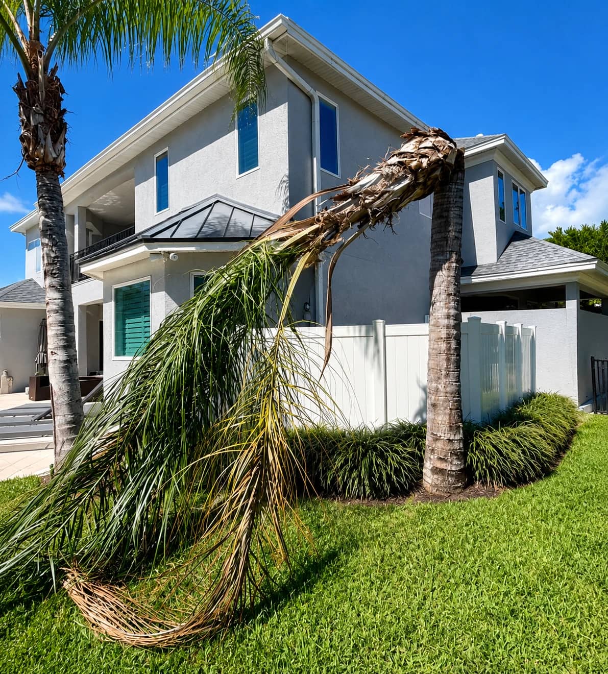 Before photo of palm removal work showing the palm and surrounding yard area.