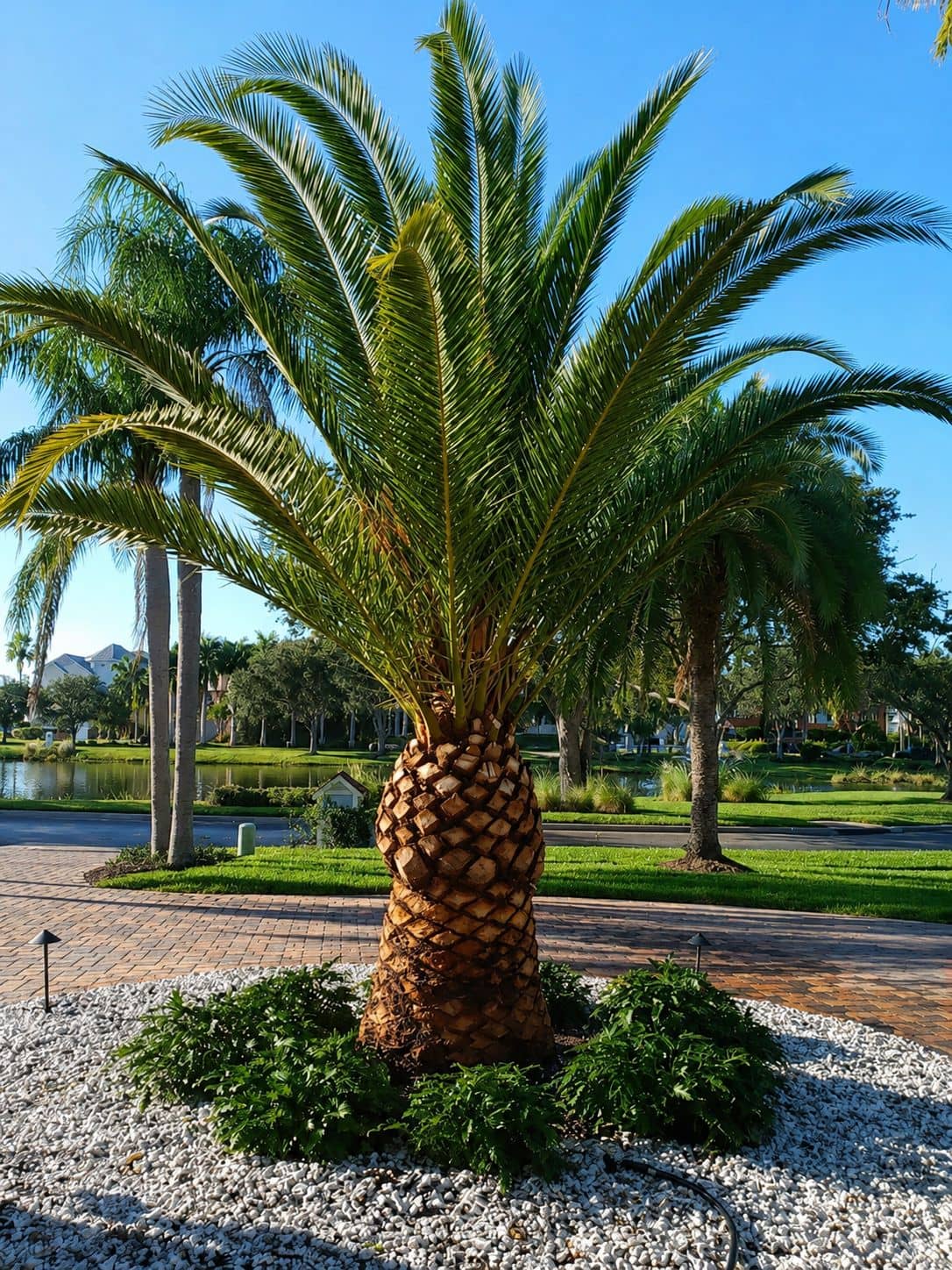 Large date palm surrounded by white rock and low plantings as a front yard centerpiece.